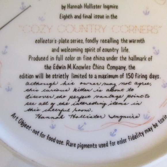 1991 Edwin M Knowles Cozy Country Corners Table Trouble Cat Plate Ltd Edition - Picture 10 of 10